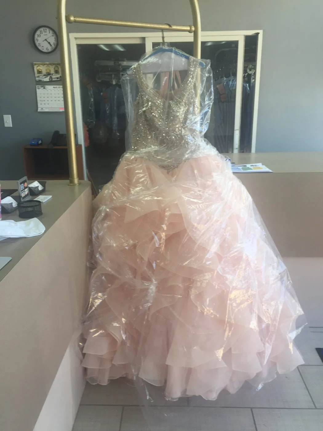 Blush gown bagged in protective poly