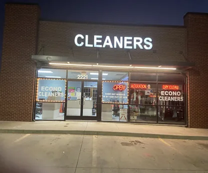 Econo Cleaners storefront on West University Drive in Denton, Texas